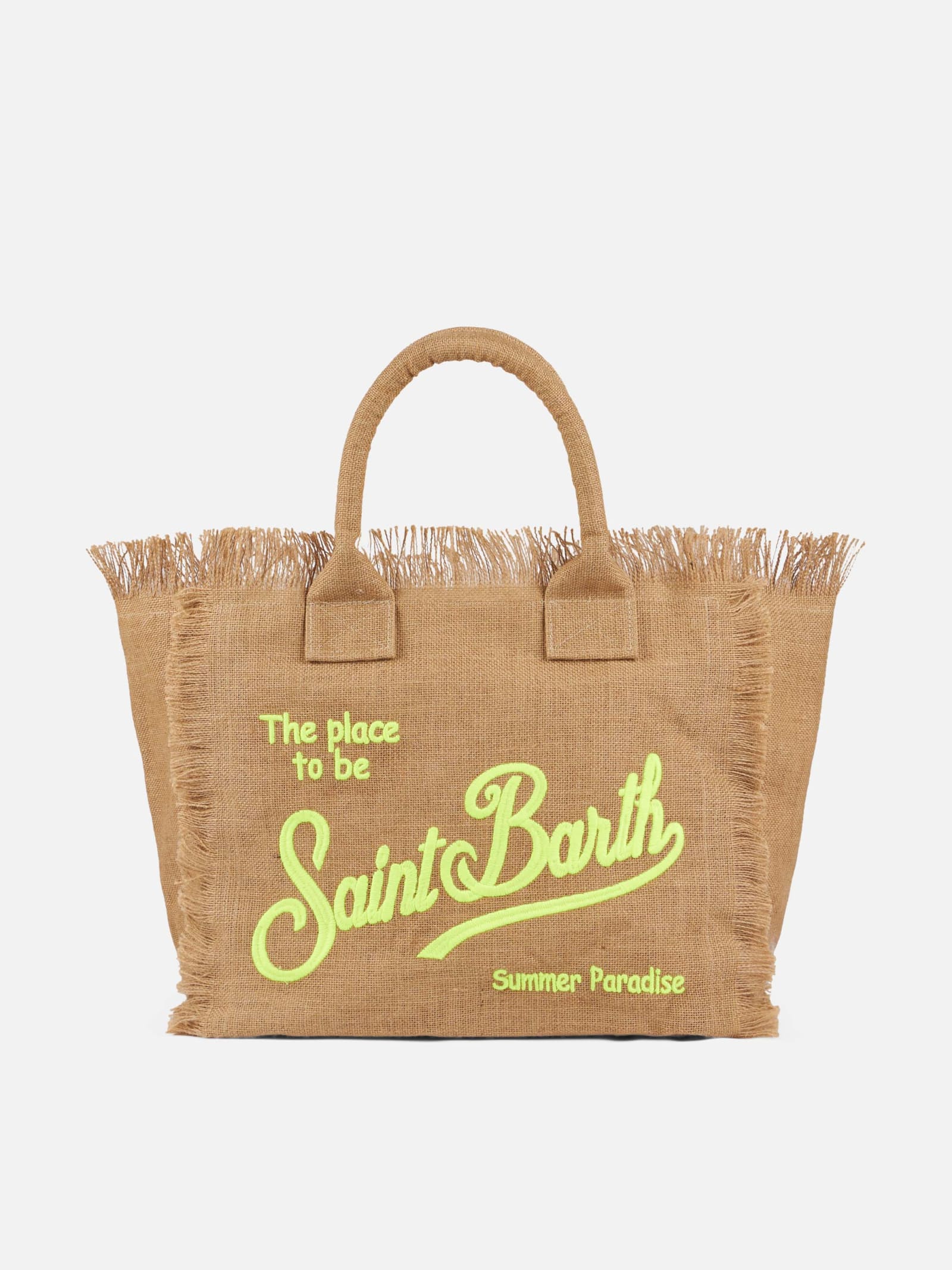 Mc2 Saint Barth Vanity Natural Jute Shoulder Bag With Embroidered Logo In White