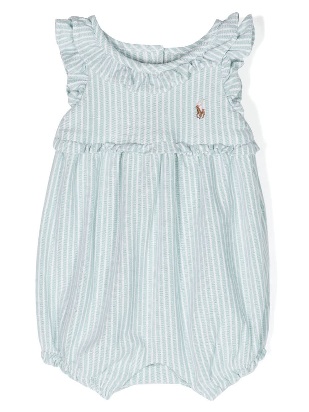 Shop Ralph Lauren White And Green Striped Romper With Pony