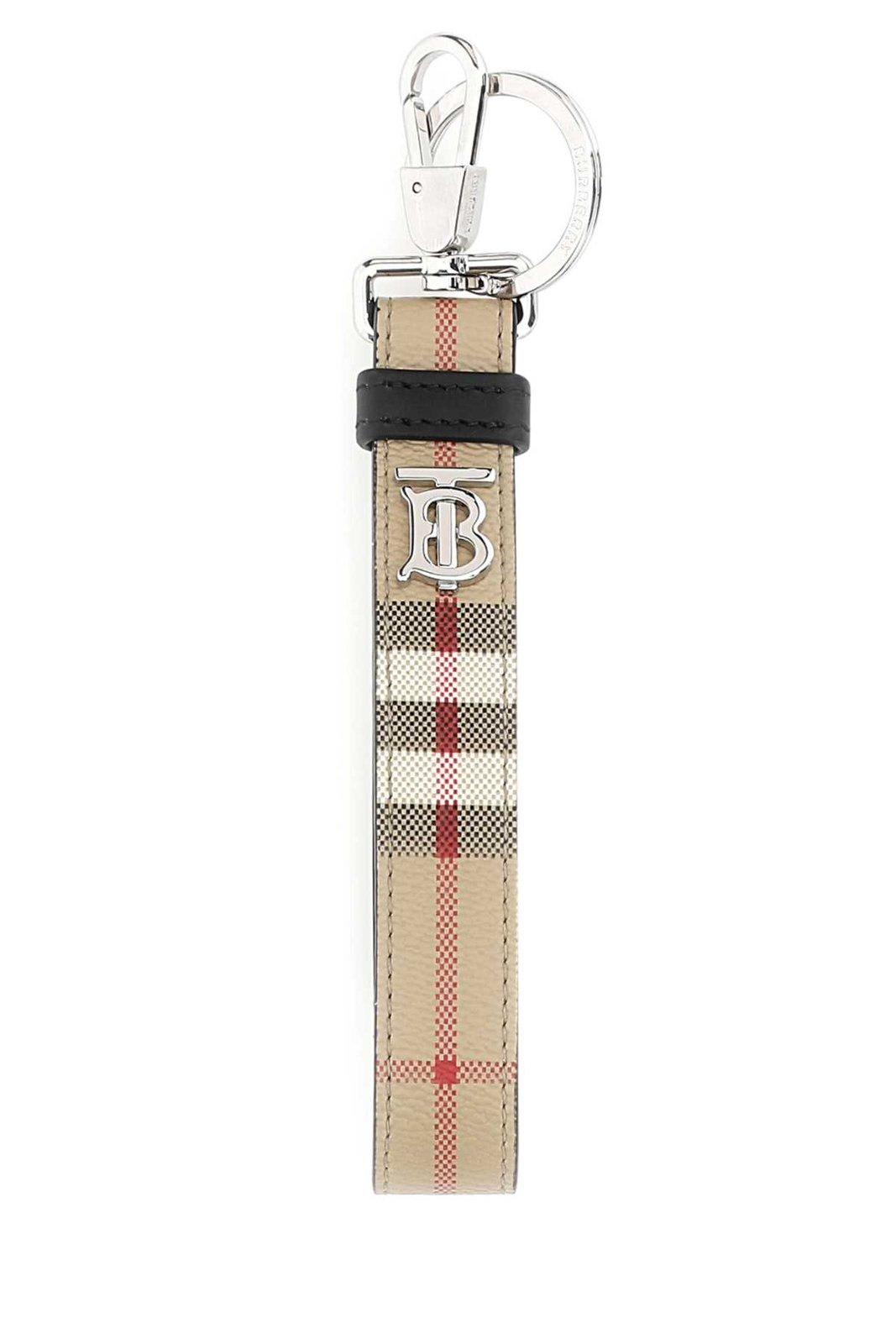 Shop Burberry Tb Monogram Plaque Checked Keyring In Neutrals