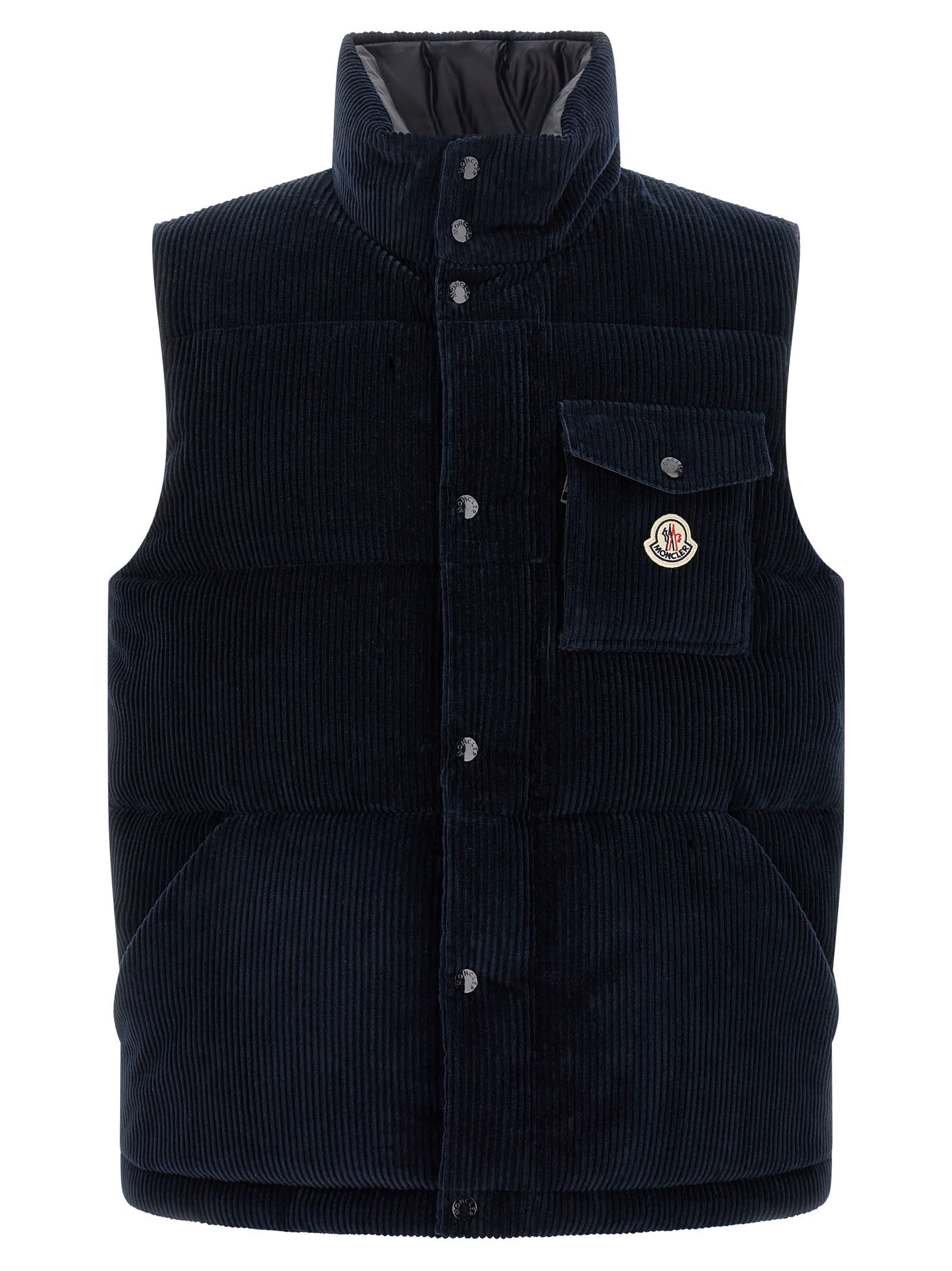 Moncler Corduroy Vest With High Collar And Pocket In Blue
