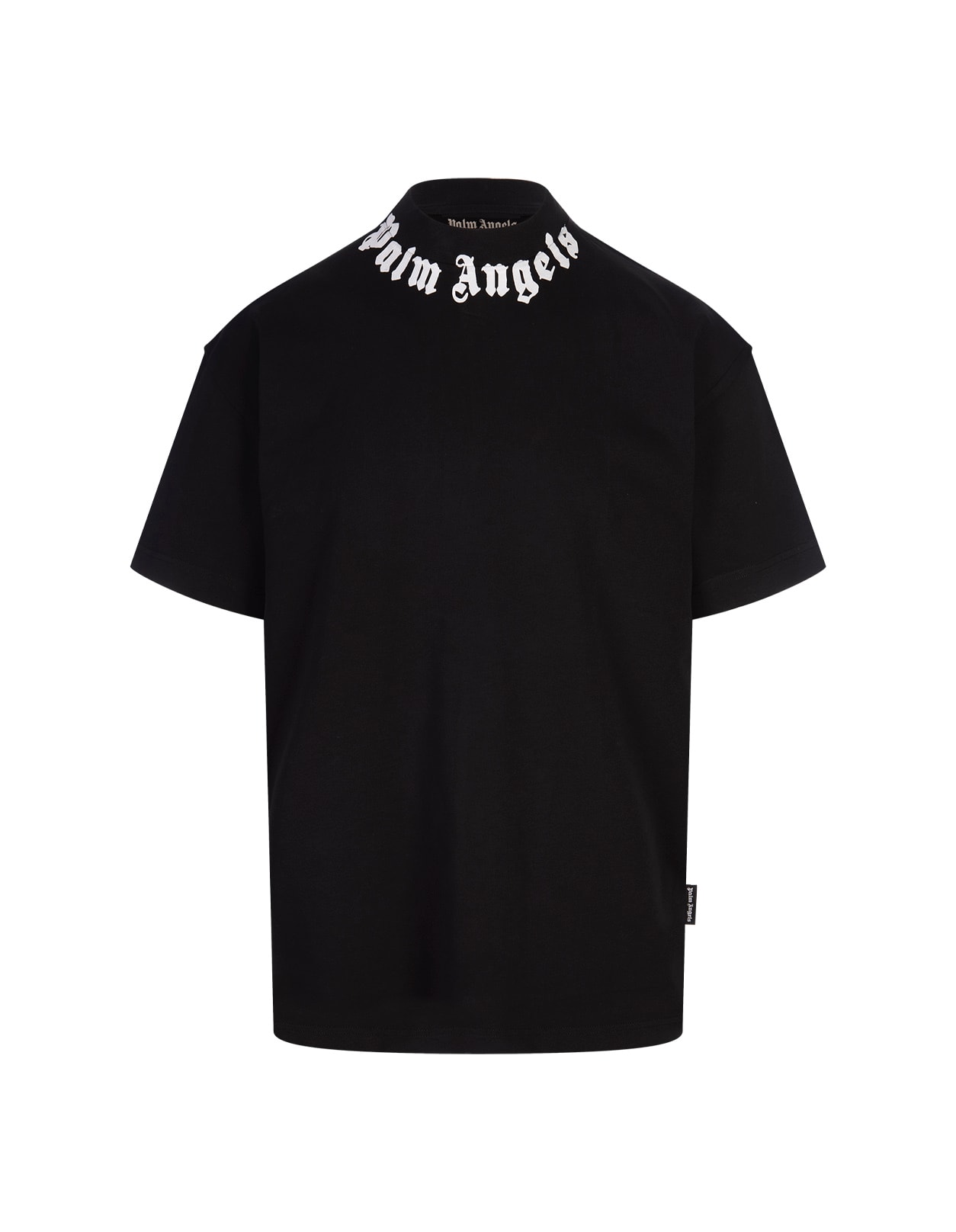 PALM ANGELS BLACK T-SHIRT WITH LOGO ON NECKLINE 