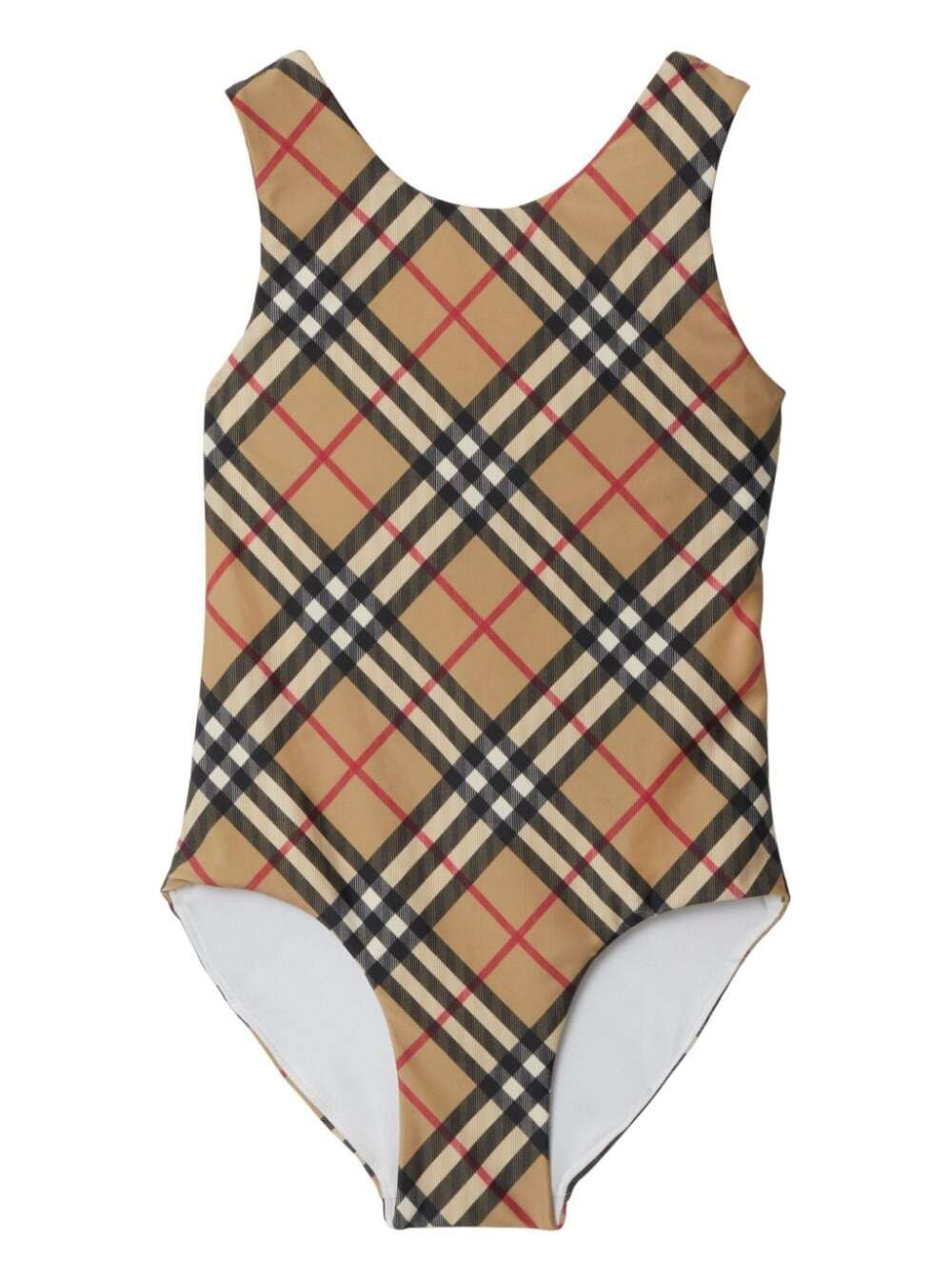 Shop Burberry Beige One-piece Swimsuit With Check Motif In Stretch Polyamide Girl