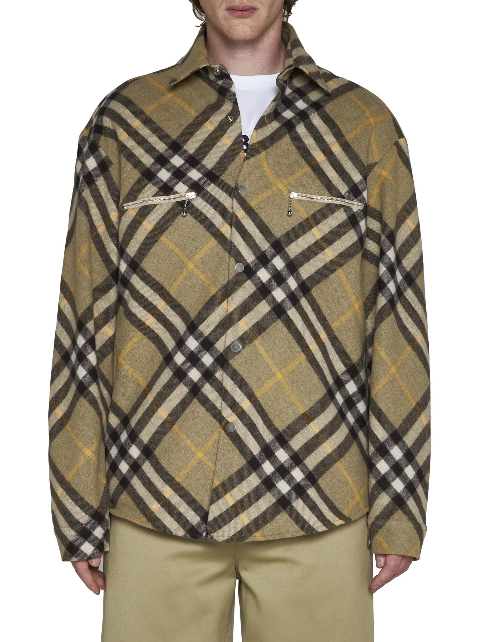 Burberry Check Wool Blend Overshirt In Green