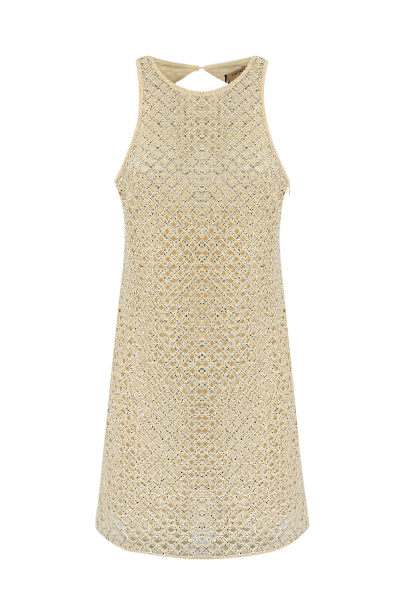 Shop Twinset Net Dress With Beads And Rhinestones In Beige