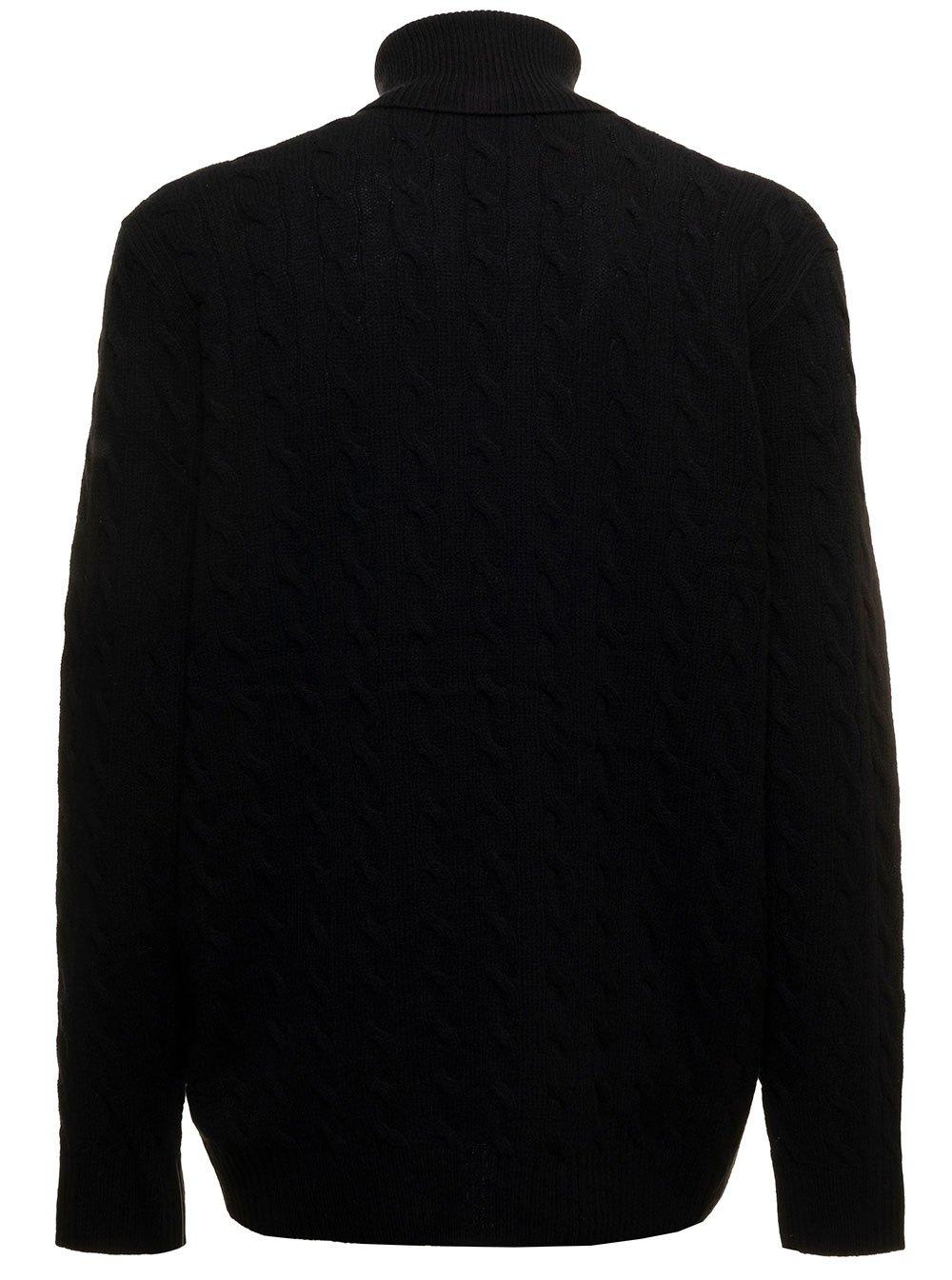 Polo Ralph Lauren Cable Knit Black Turtleneck Sweater With Embroidered Logo In Black