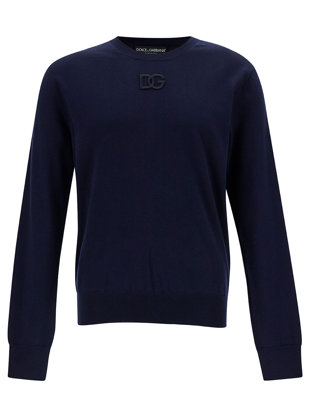 DOLCE & GABBANA BLUE CREWNECK SWEATER WITH TONAL LOGO EMBROIDERY IN WOOL MAN