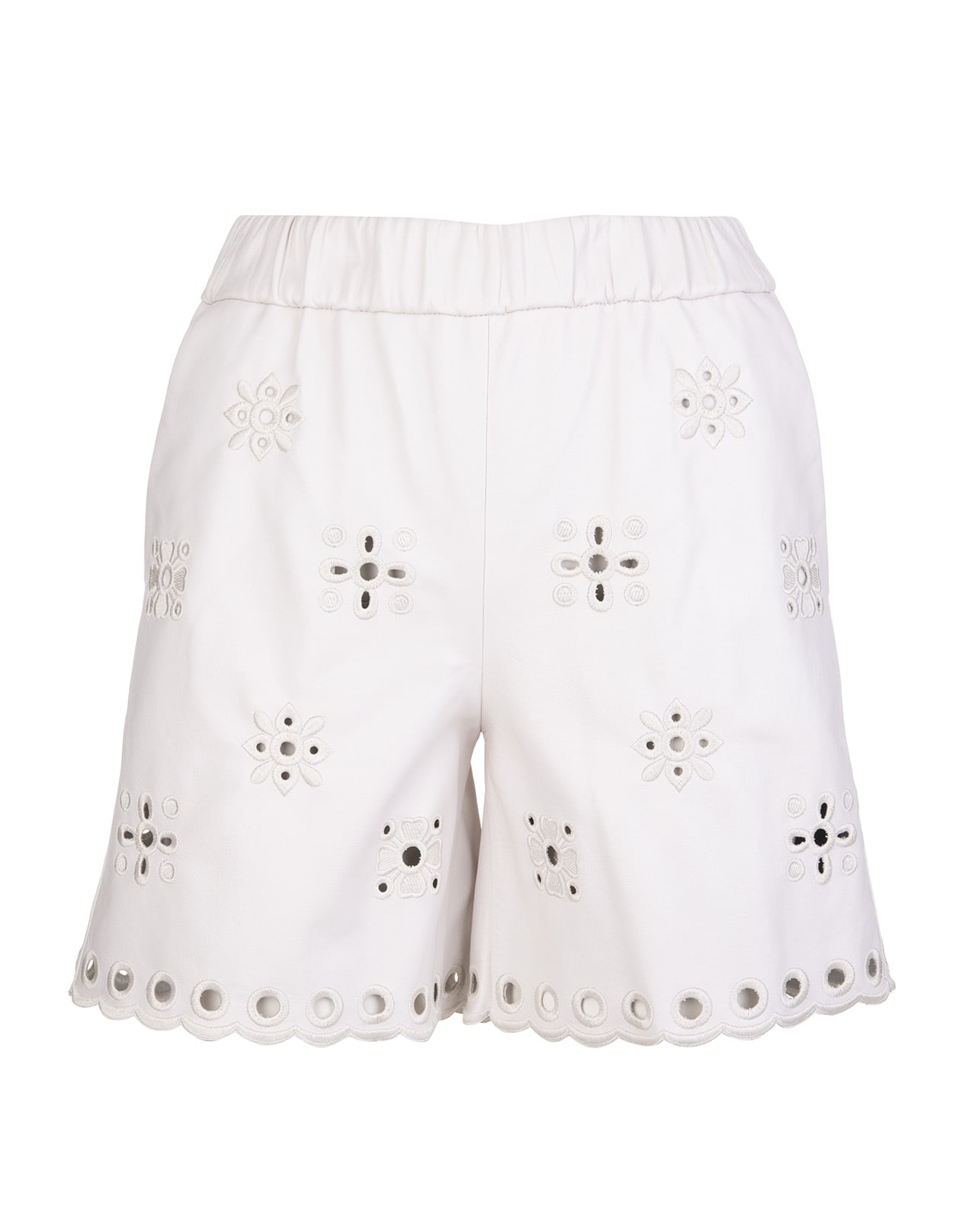RED Valentino White Leather Shorts With Sangallo Embroidery