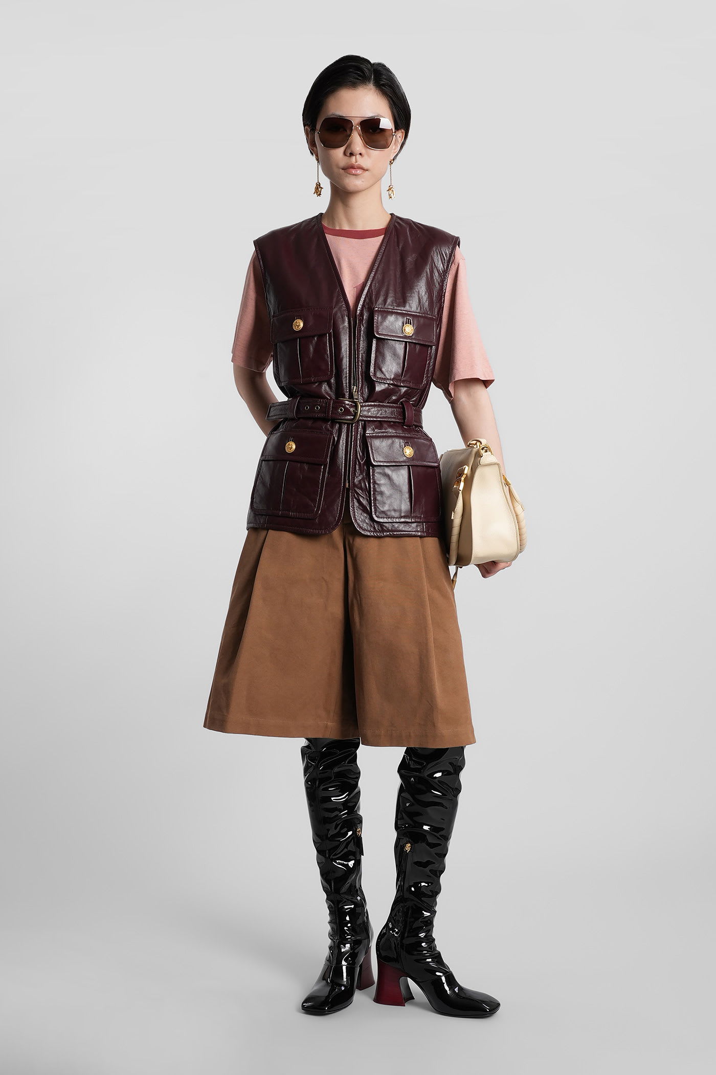 Chloé Leather Belted Waist Sleeveless Jacket In Brown