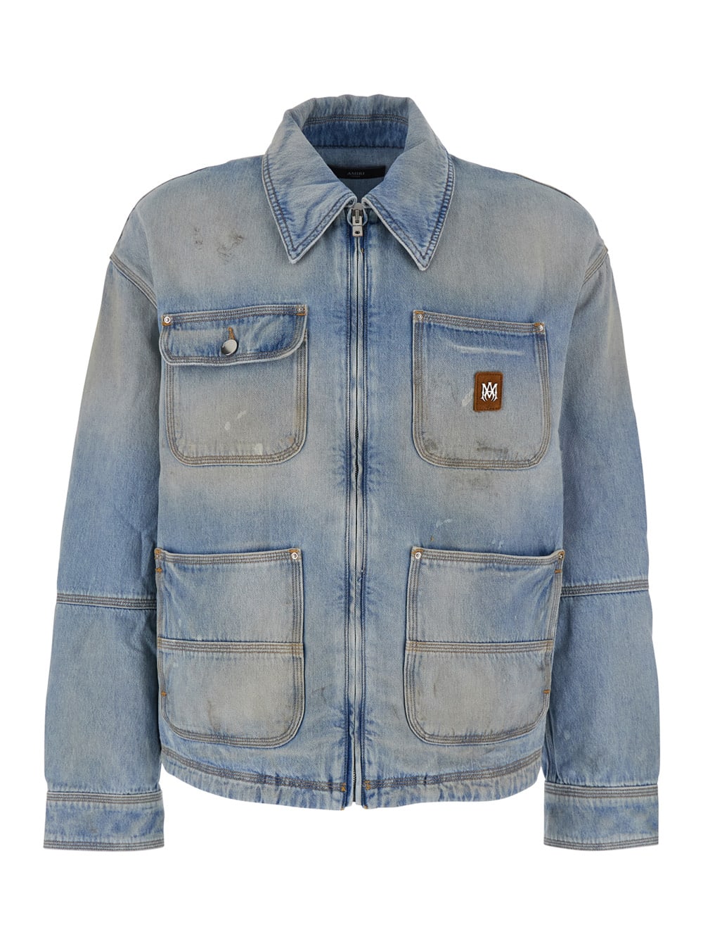 Blue Jacket With Classic Collar And Logo Patch On Front And Rear In Denim Man