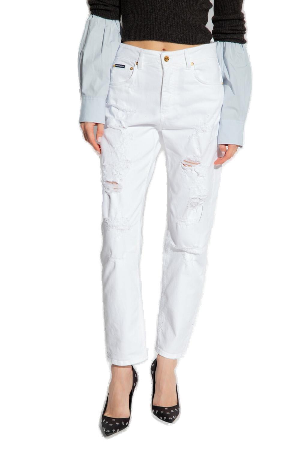 Shop Dolce & Gabbana Logo Patch Distressed Boyfriend Jeans In Bianco
