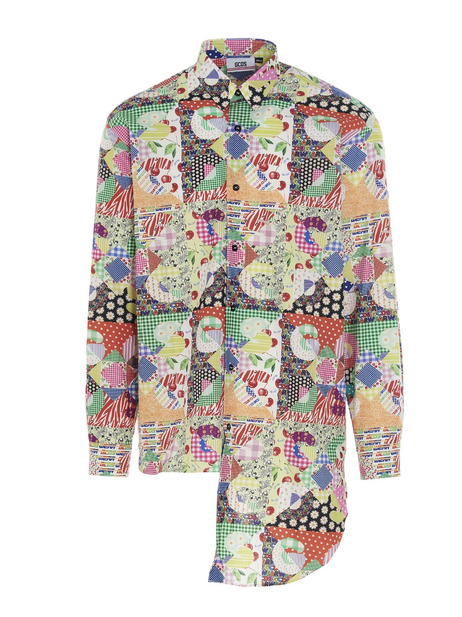 Gcds Patchwork-print Asymmetric Shirt In Red
