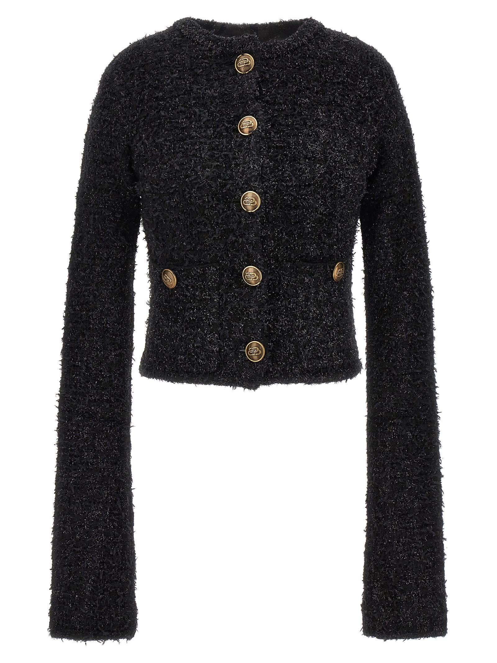 Shop Balenciaga Cropped Tweed Cardigan In Black