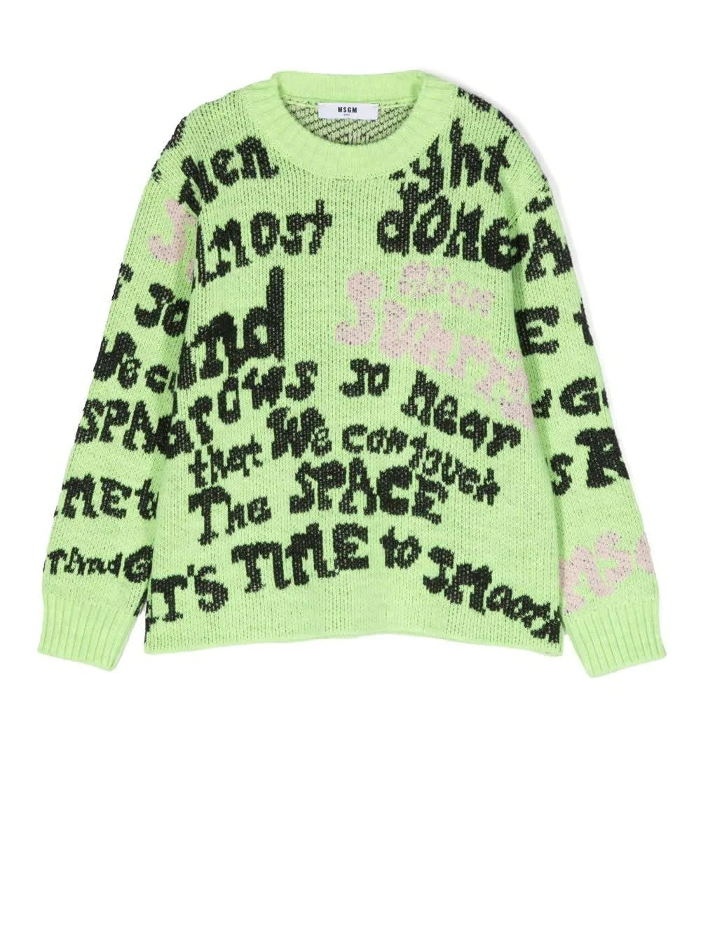 MSGM Kids Lime Green Sweater With All-over Graphics