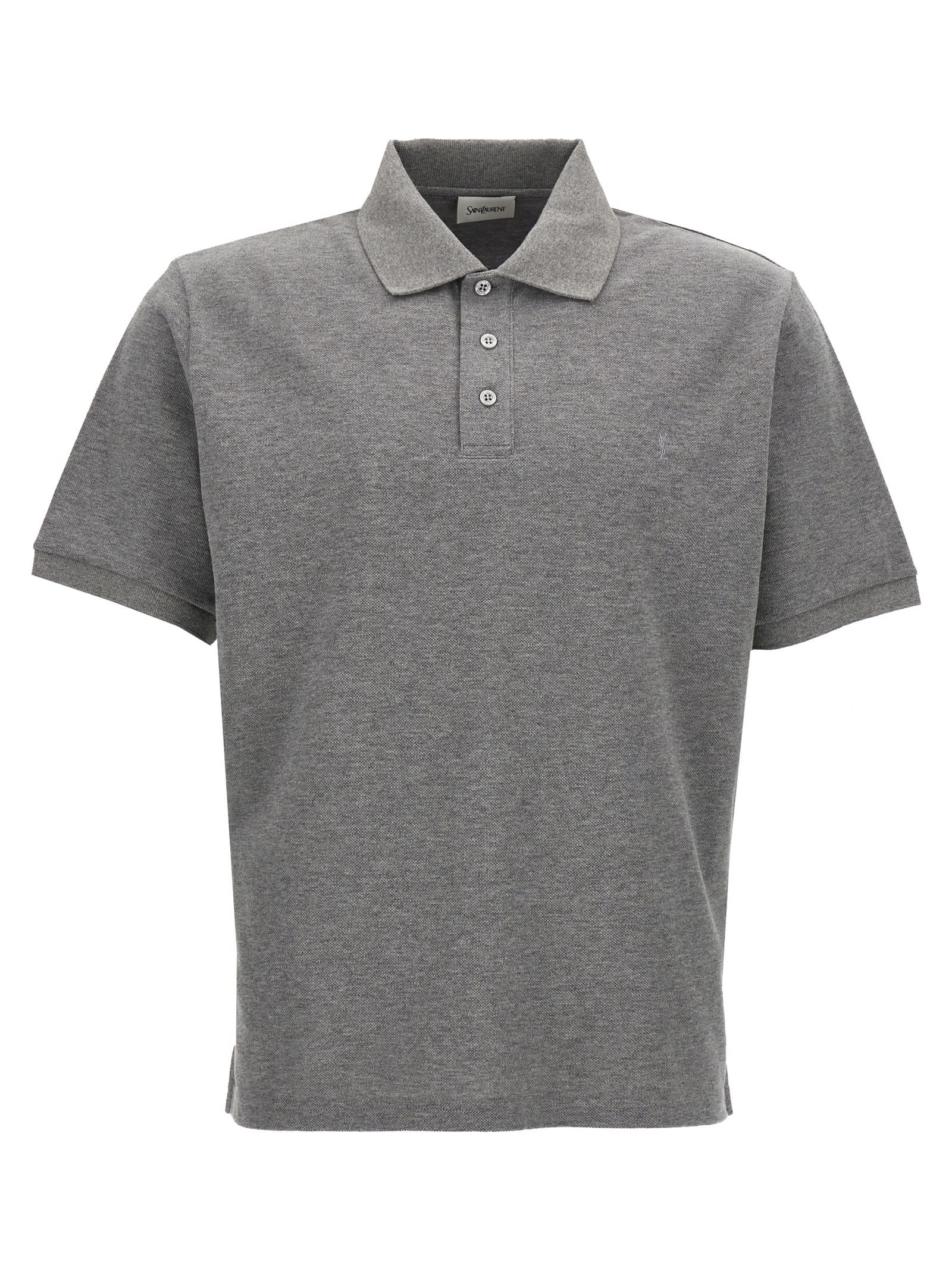 Shop Saint Laurent Logo Embroidery Polo Shirt In Gray