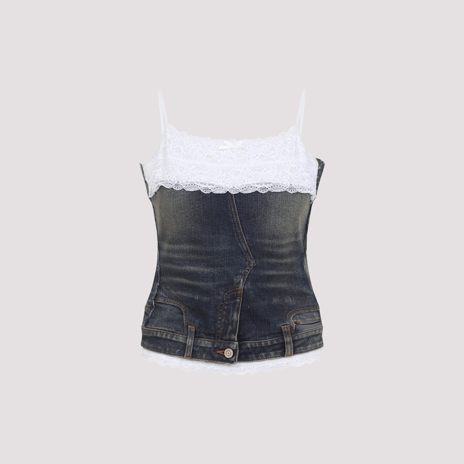Balenciaga Denim Top With Lace Trim And Rhinestone Embellishments In Black