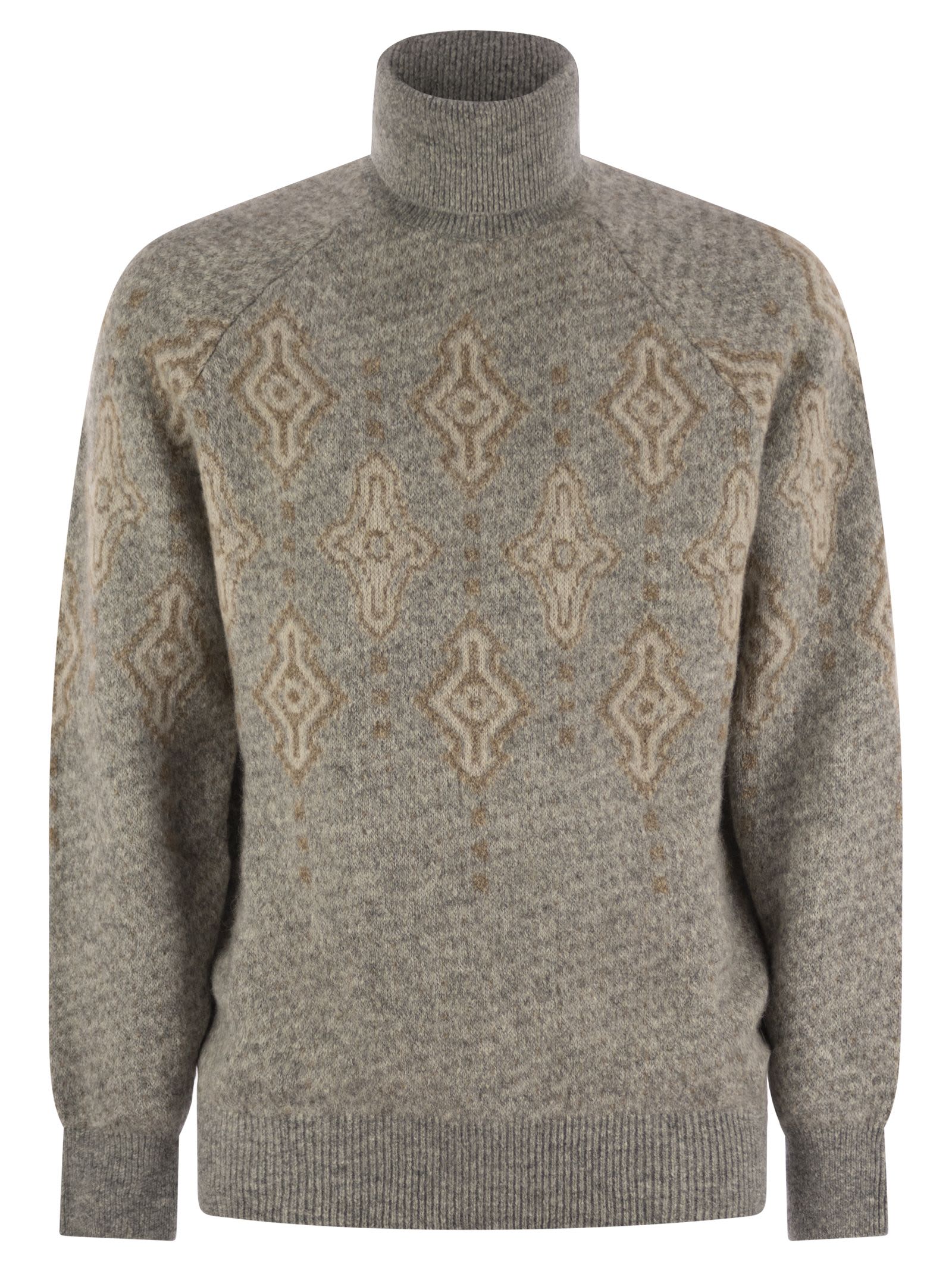 Geometric Jacquard Turtleneck Sweater In Alpaca, Cotton And Wool