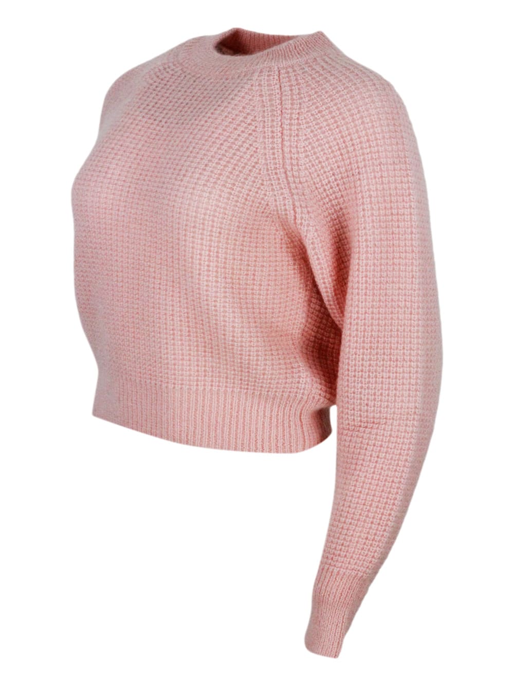 Shop Fabiana Filippi Long-sleeved Crew-neck Sweater In Mohair, Cropped Model With Raglan Sleeves And Diamond Stitch Work In Pink