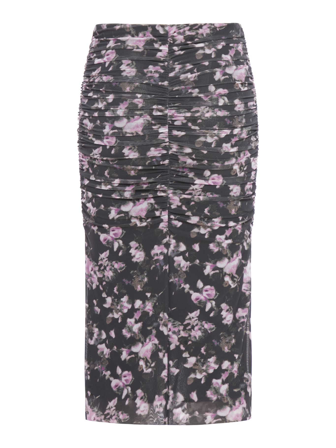 Shop Ganni Printed Mesh Ruched Midi Skirt In Phantom