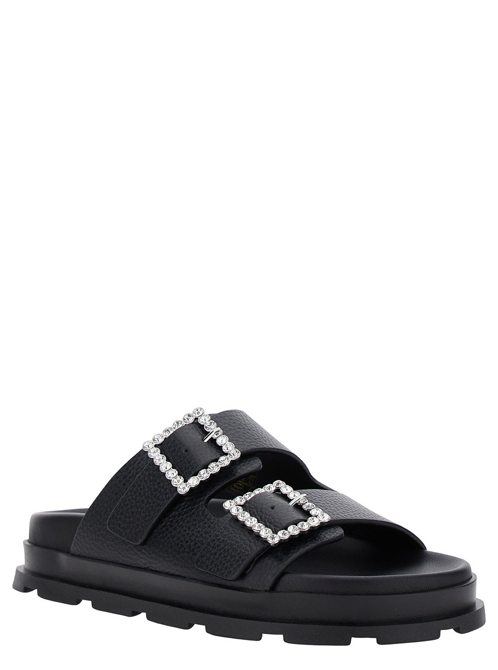Shop Pollini Black Sandals With Rhinestone Buckle In Hammered Leather Woman