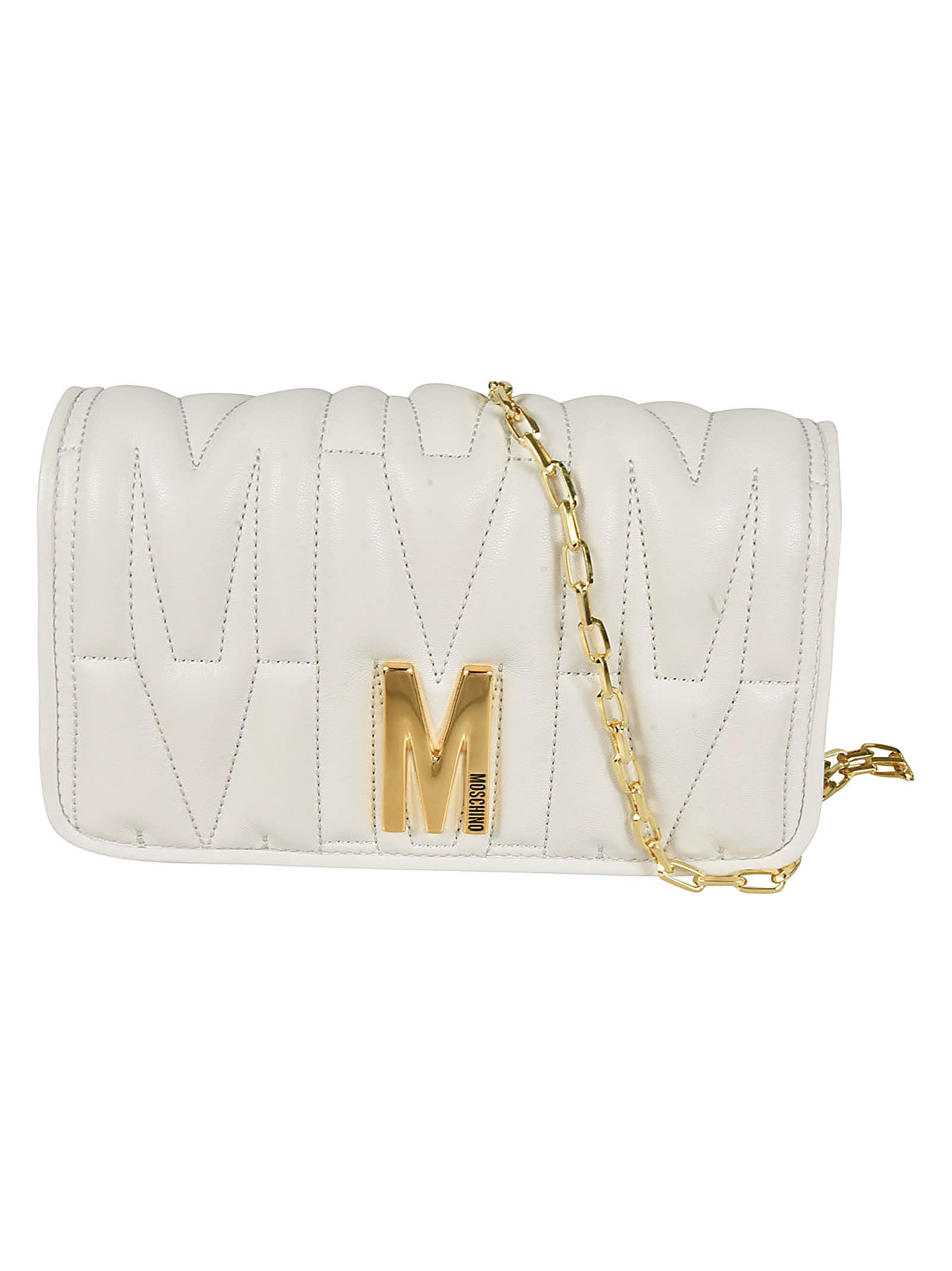 Shop Moschino M Plaque Quilted Flap Chain Shoulder Bag In Grey