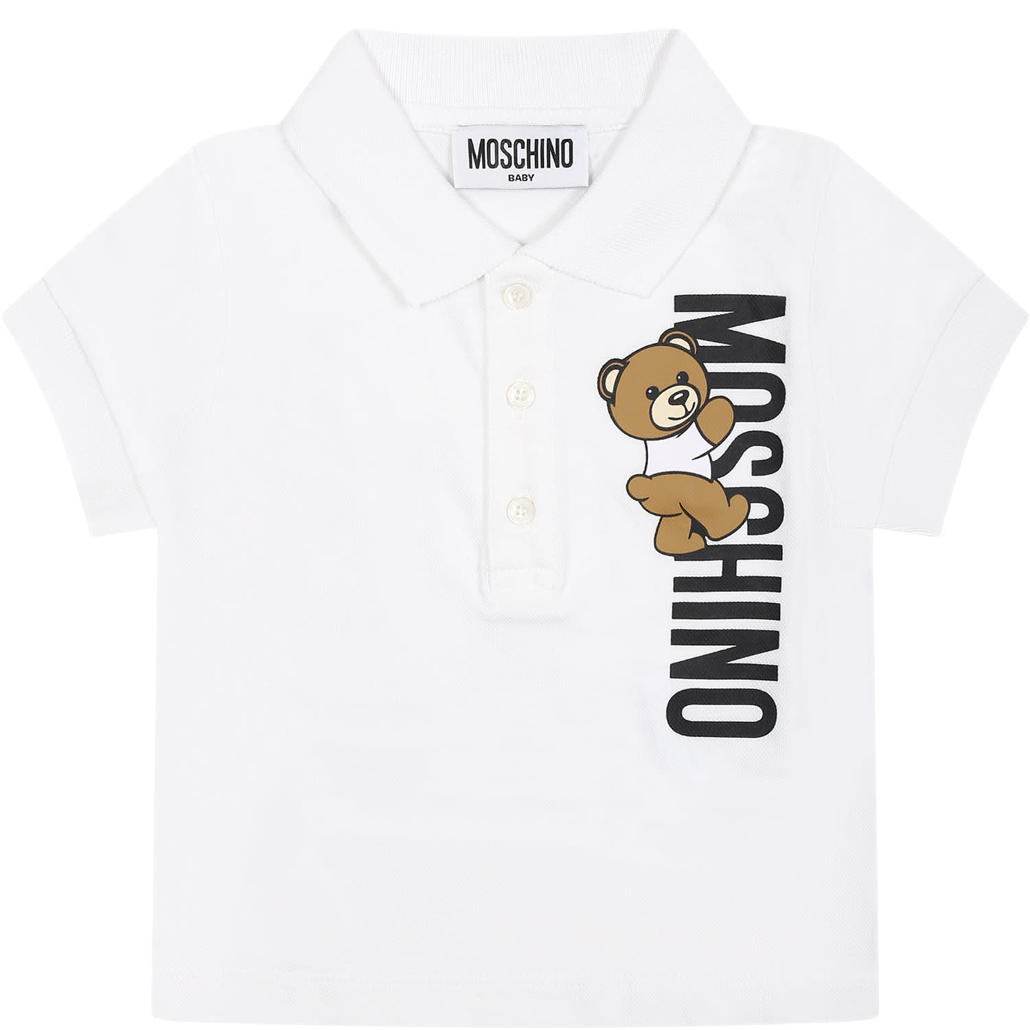 Shop Moschino White Polo Shirt For Baby Boy With Teddy Bear And Logo