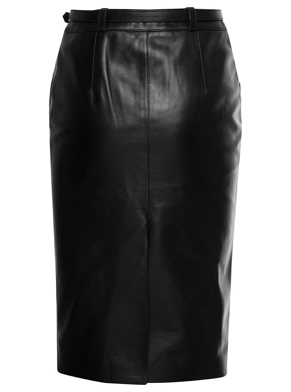 Midi Black Belted Skirt In Leather Woman