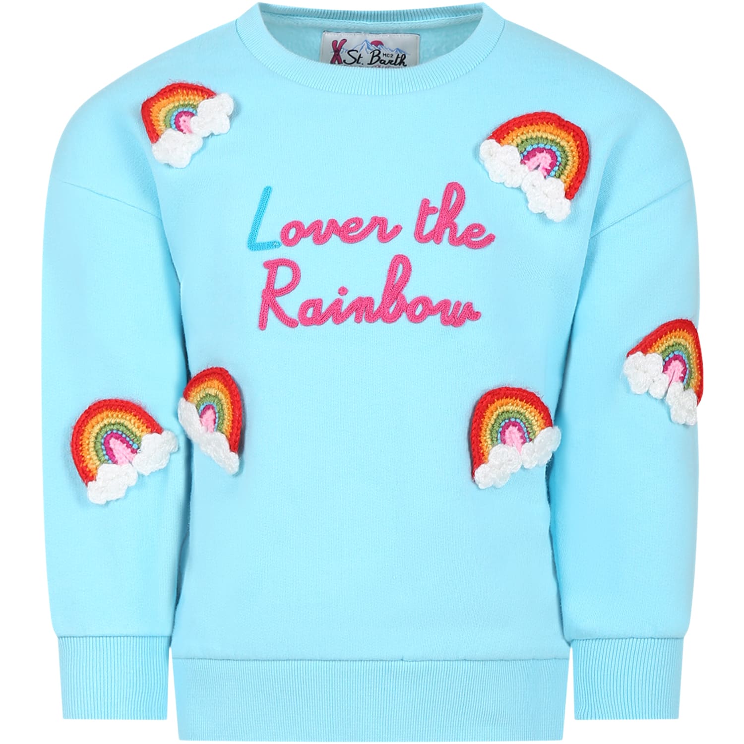 Mc2 Saint Barth Light Blue Sweatshirt For Girl With Rainbow In Light Blue
