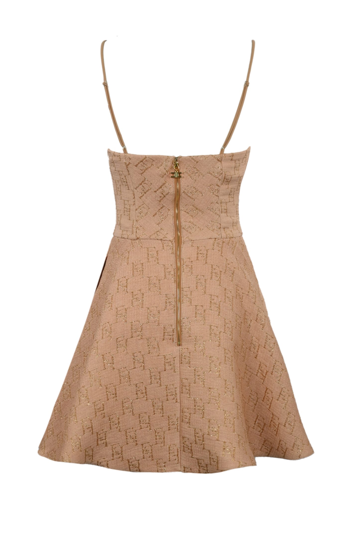 Shop Elisabetta Franchi Raffia Dress And Lurex Logo In Paglia/oro