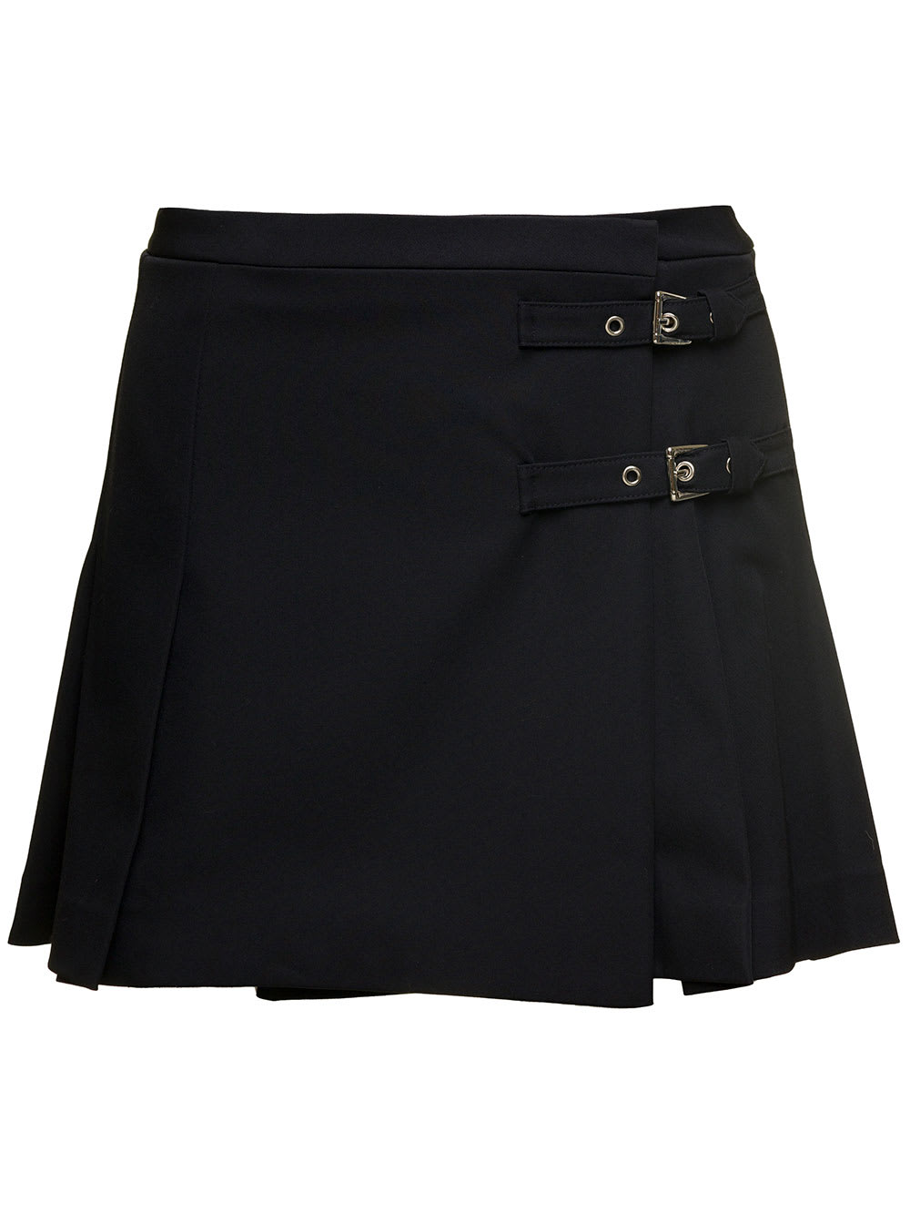 Black Mini Skirt With Side Bukle Detail With Loop In Wool Blend Woman