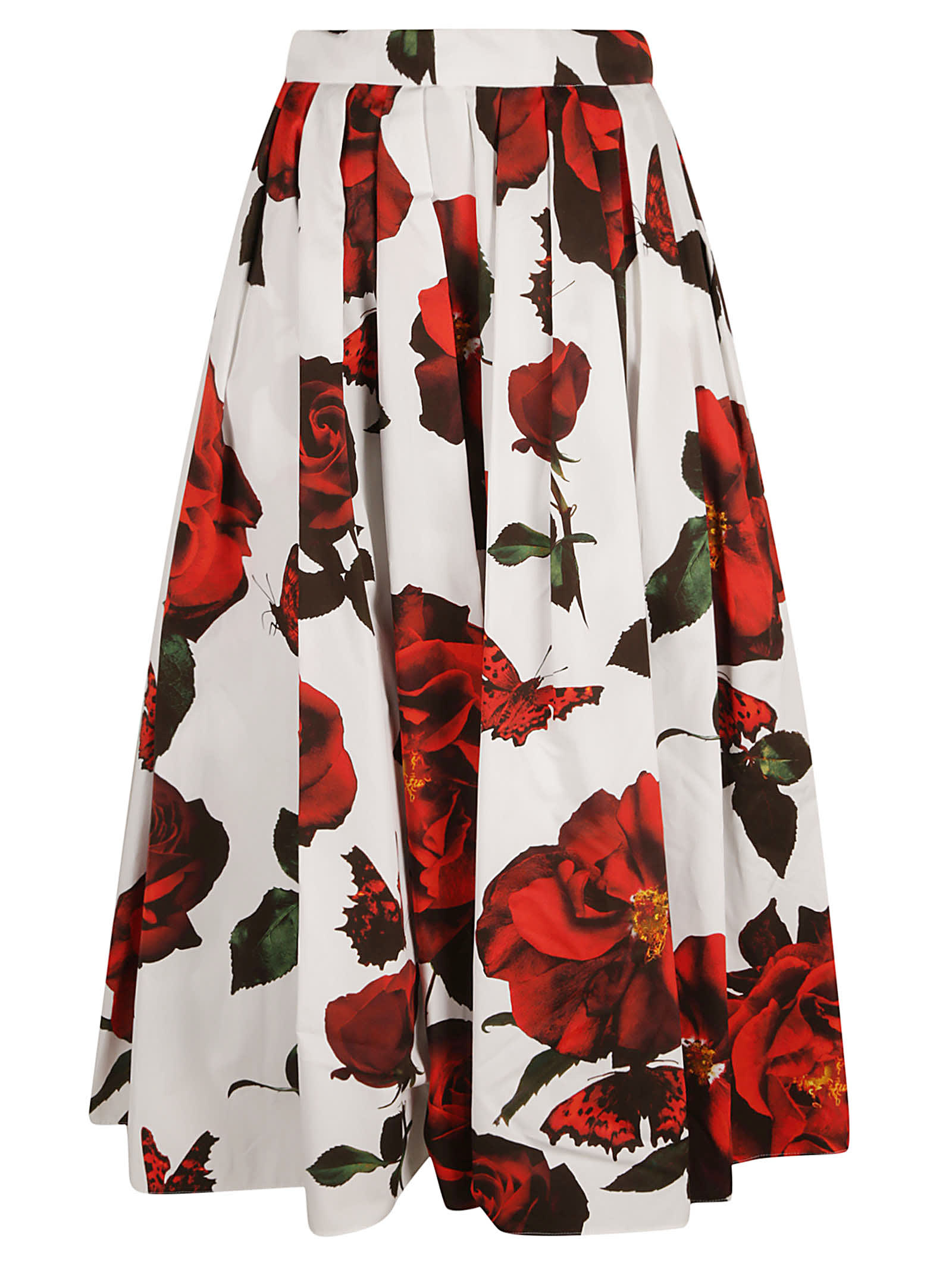 Shop Alexander Mcqueen Rose Print Pleated Midi Skirt In Optical White