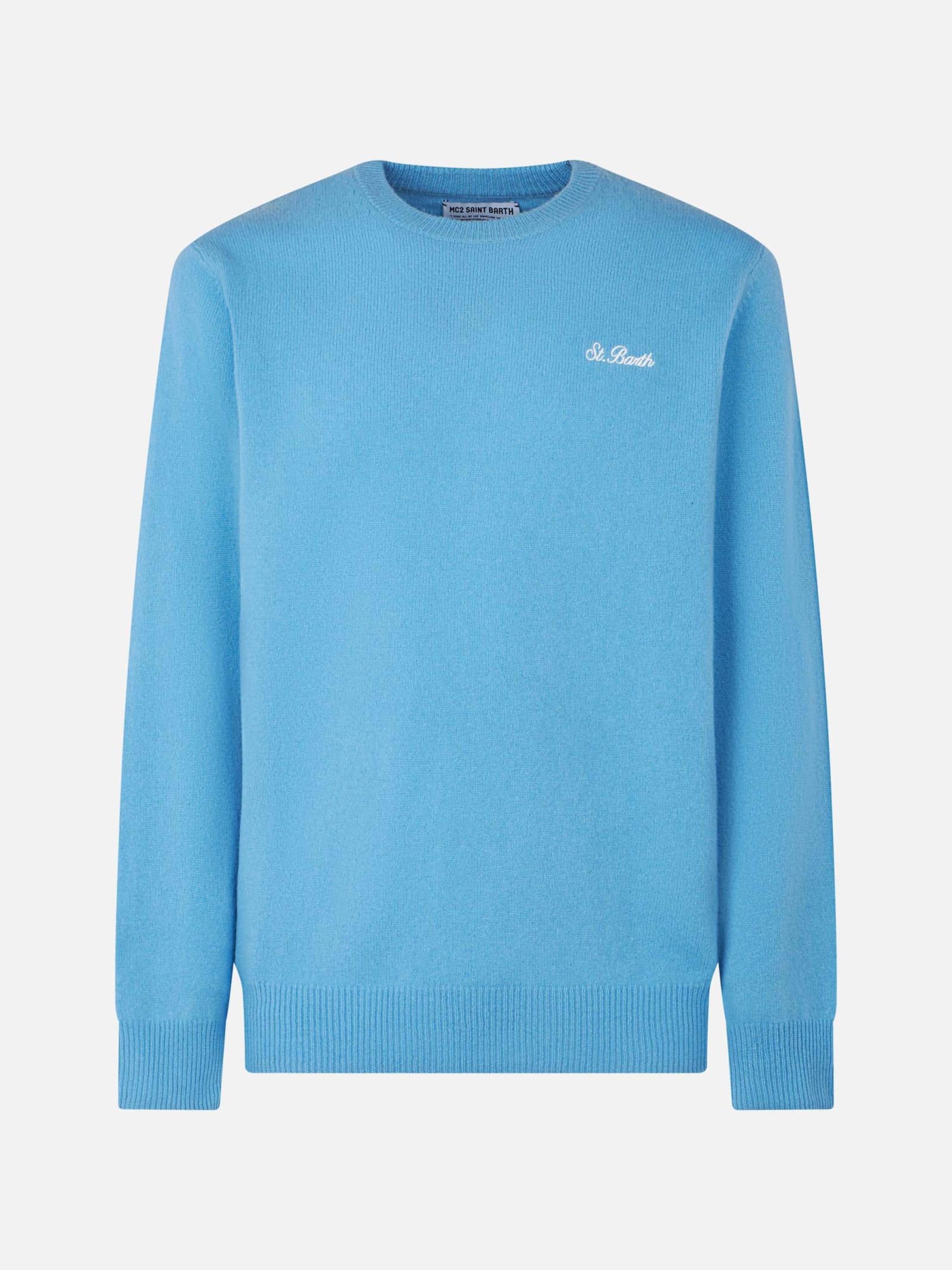 MC2 SAINT BARTH MAN CREWNECK LIGHT BLUE SWEATER WITH ST. BARTH EMBROIDERY