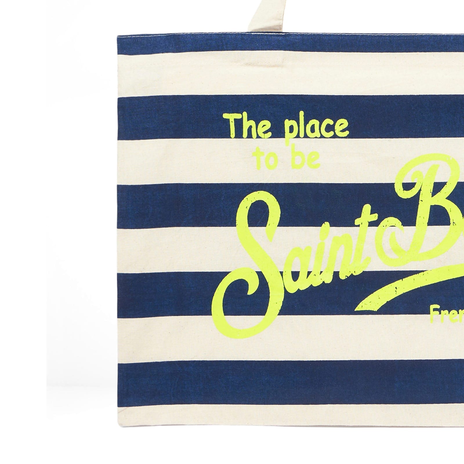 Mc2 Saint Barth Blue Striped Cotton Bag With Fluo Yellow Logo In Blue