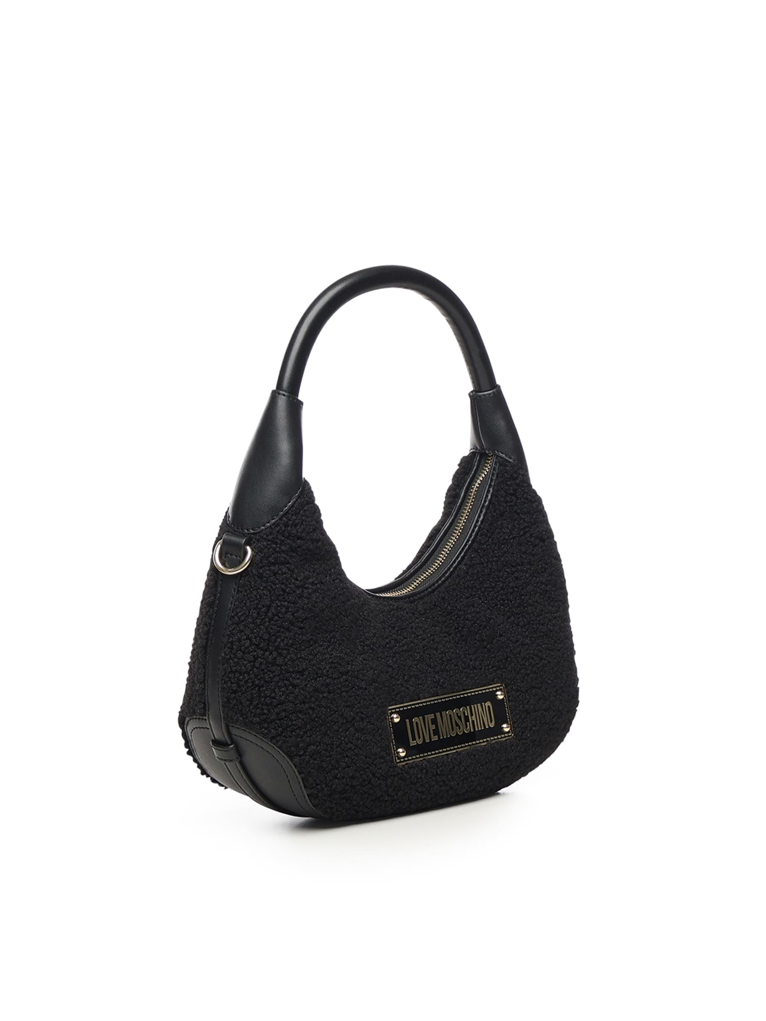 Love Moschino Faux-fur Logo-plaque Shoulder Bag In Black