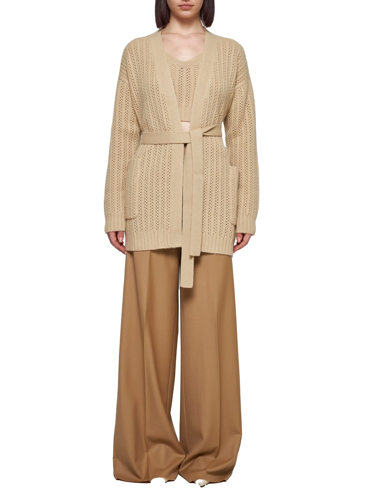 Shop Max Mara Balzac Belted Long-sleeved Cardigan In Ecru