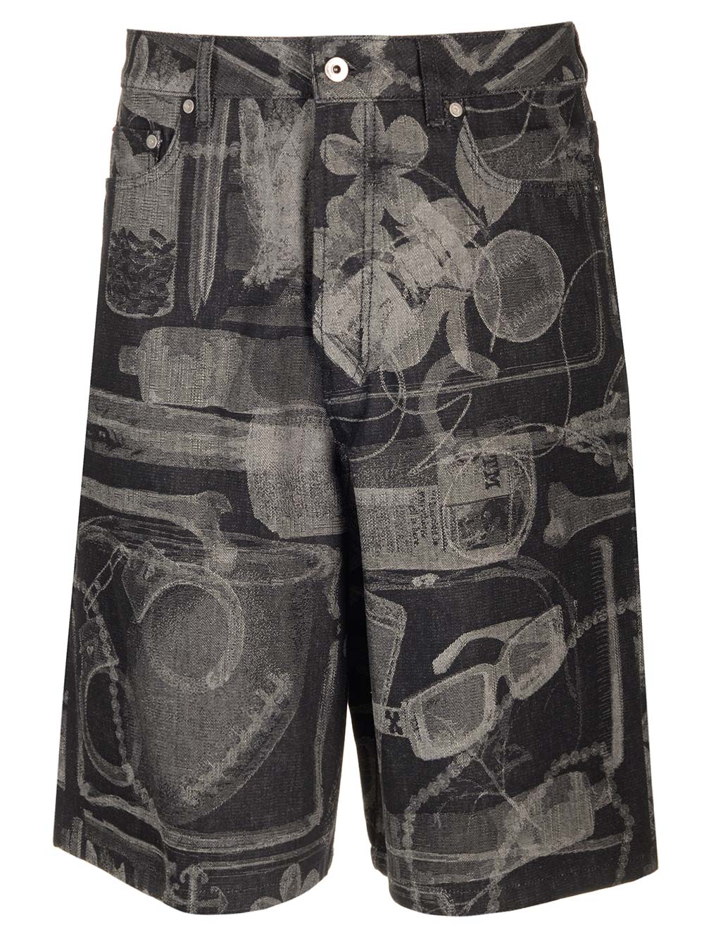 Off-white Denim Bermuda Shorts With X-ray Pattern In Black White No Color