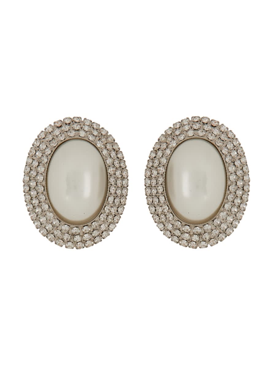 Shop Alessandra Rich Oval Earrings With Pearl And Crystals In Silver
