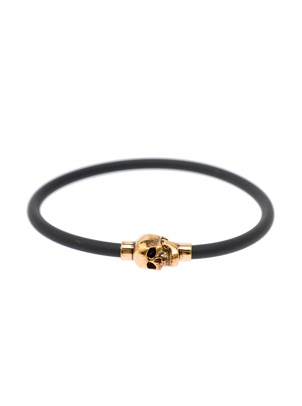Shop Alexander Mcqueen Black Slip-on Bracelet With Golden-tone Skull Charm In Rubber And Brass In Metallic