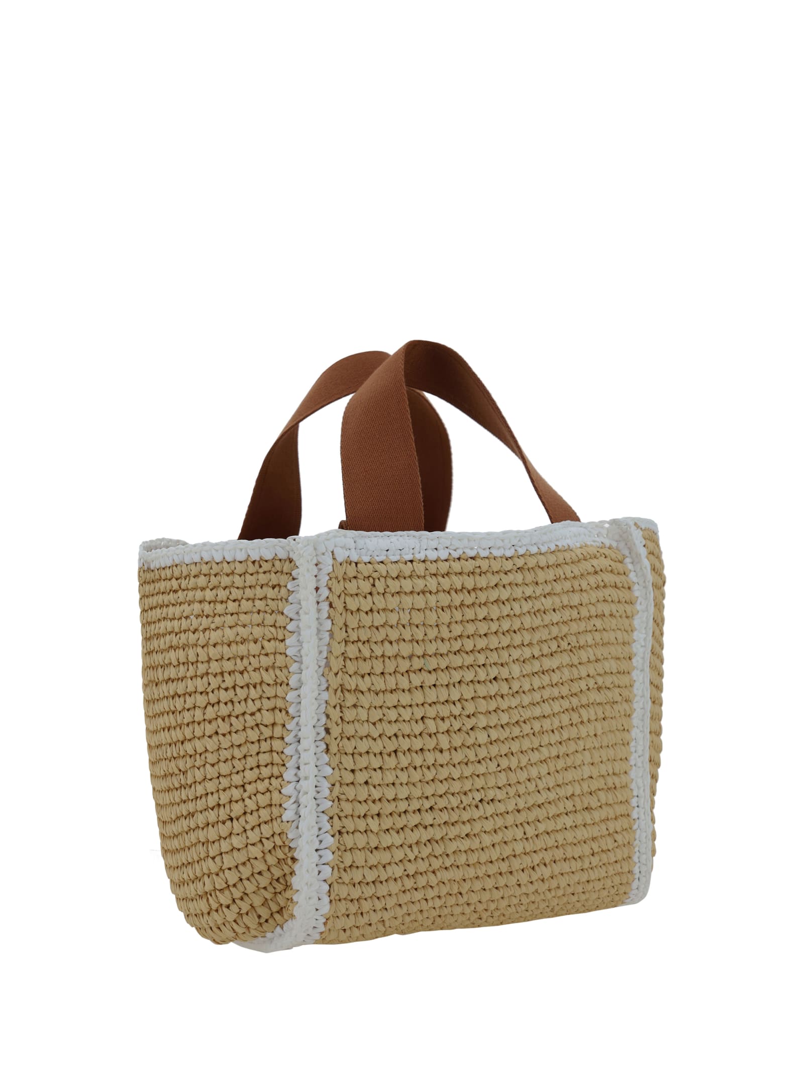 Shop Marni Logo Detail Woven Tote In Natural/white/rust