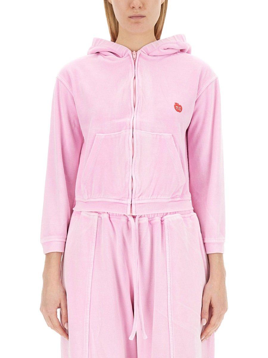Shop Alexander Wang T Zipped Velvet Hoodie In Pink