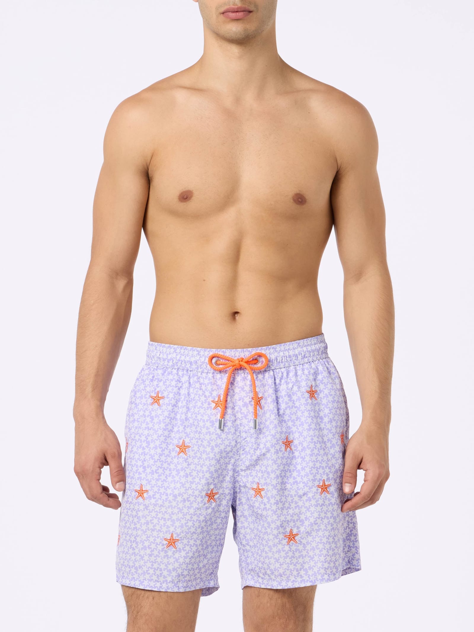Mc2 Saint Barth Man Lightweight Fabric Swim-shorts Lighting With Seastars Embroidery In Pink