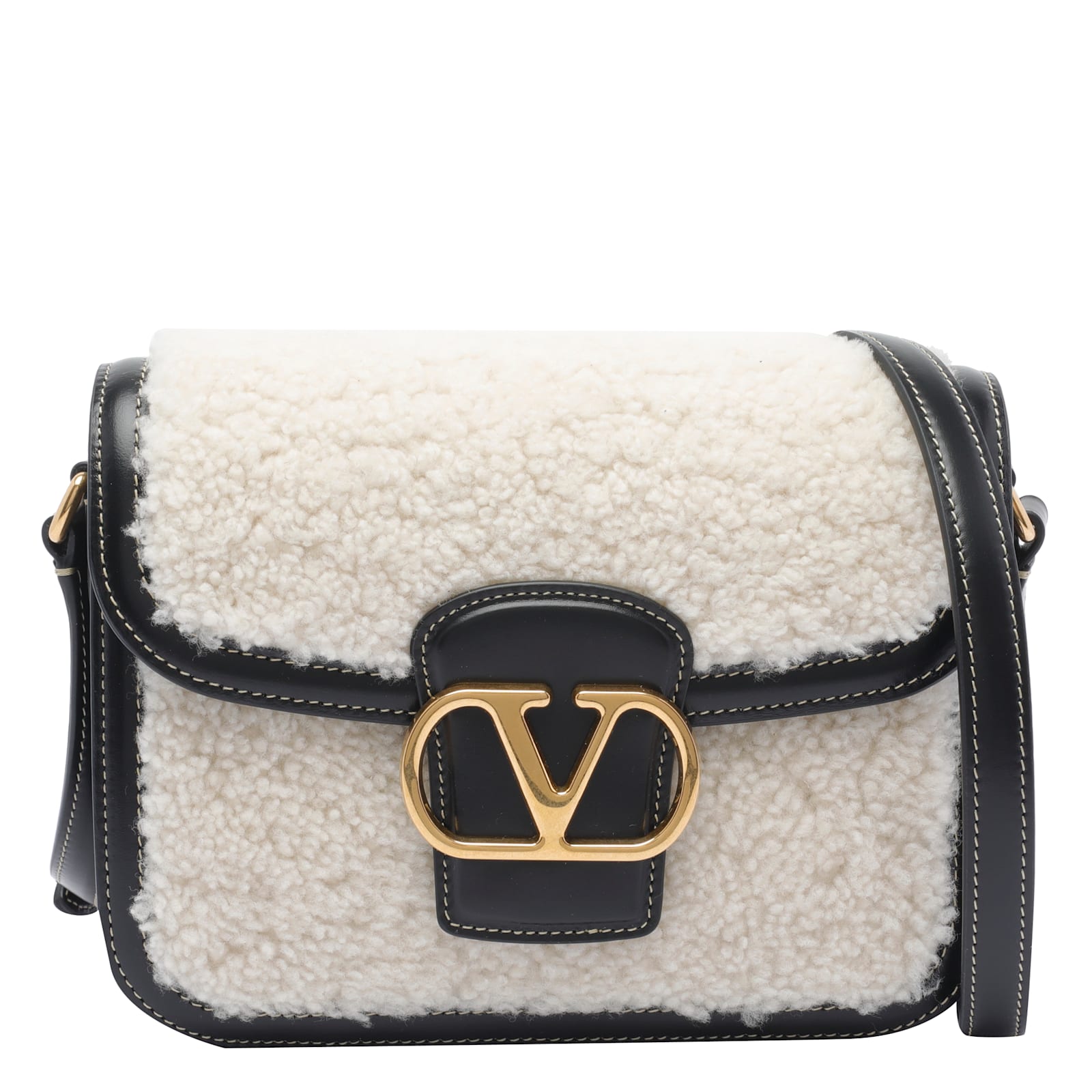 Valentino 9 To 5 Small Shearling And Leather Shoulder Bag In White