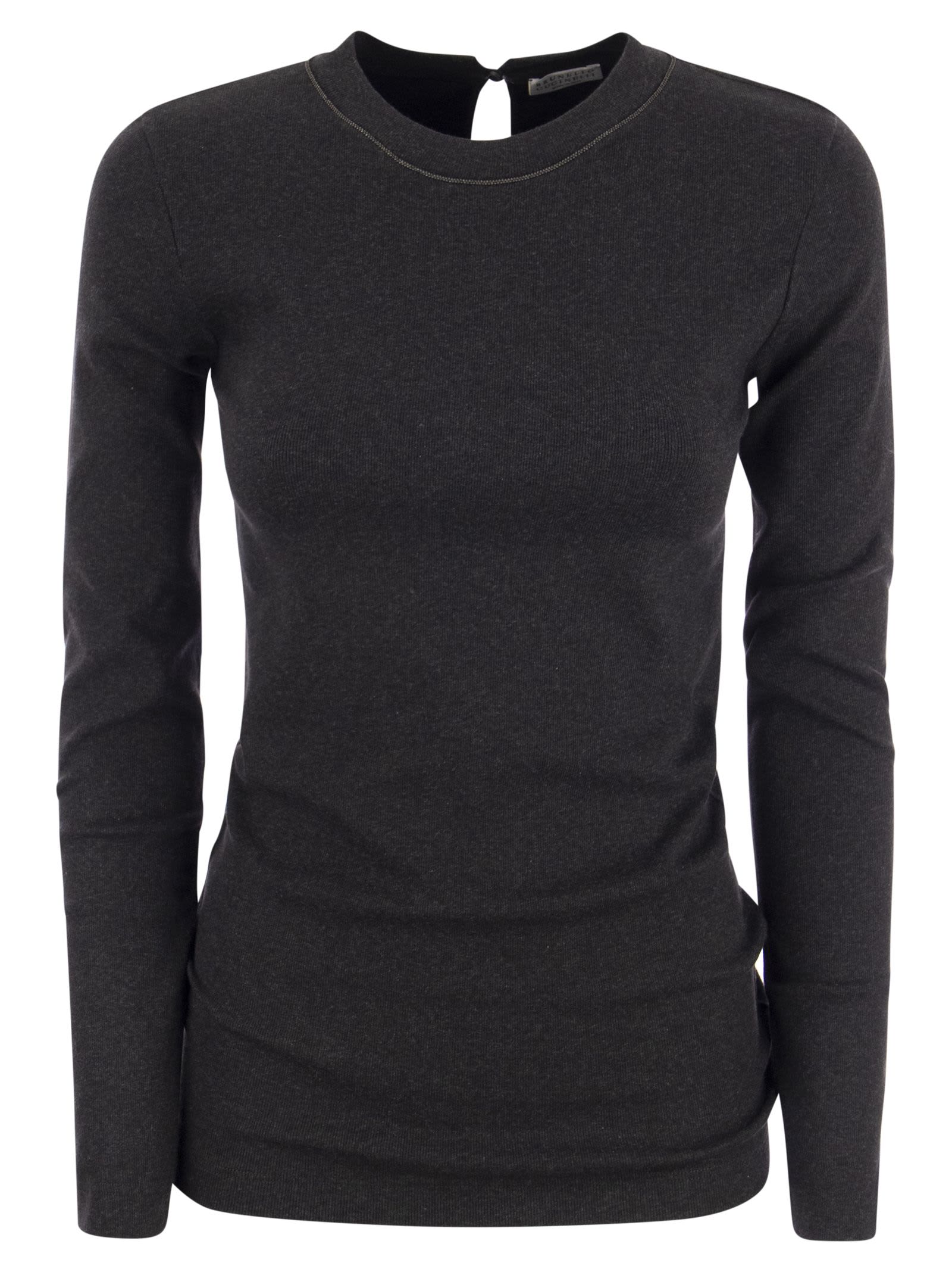 BRUNELLO CUCINELLI RIBBED STRETCH COTTON JERSEY T-SHIRT WITH JEWELLERY