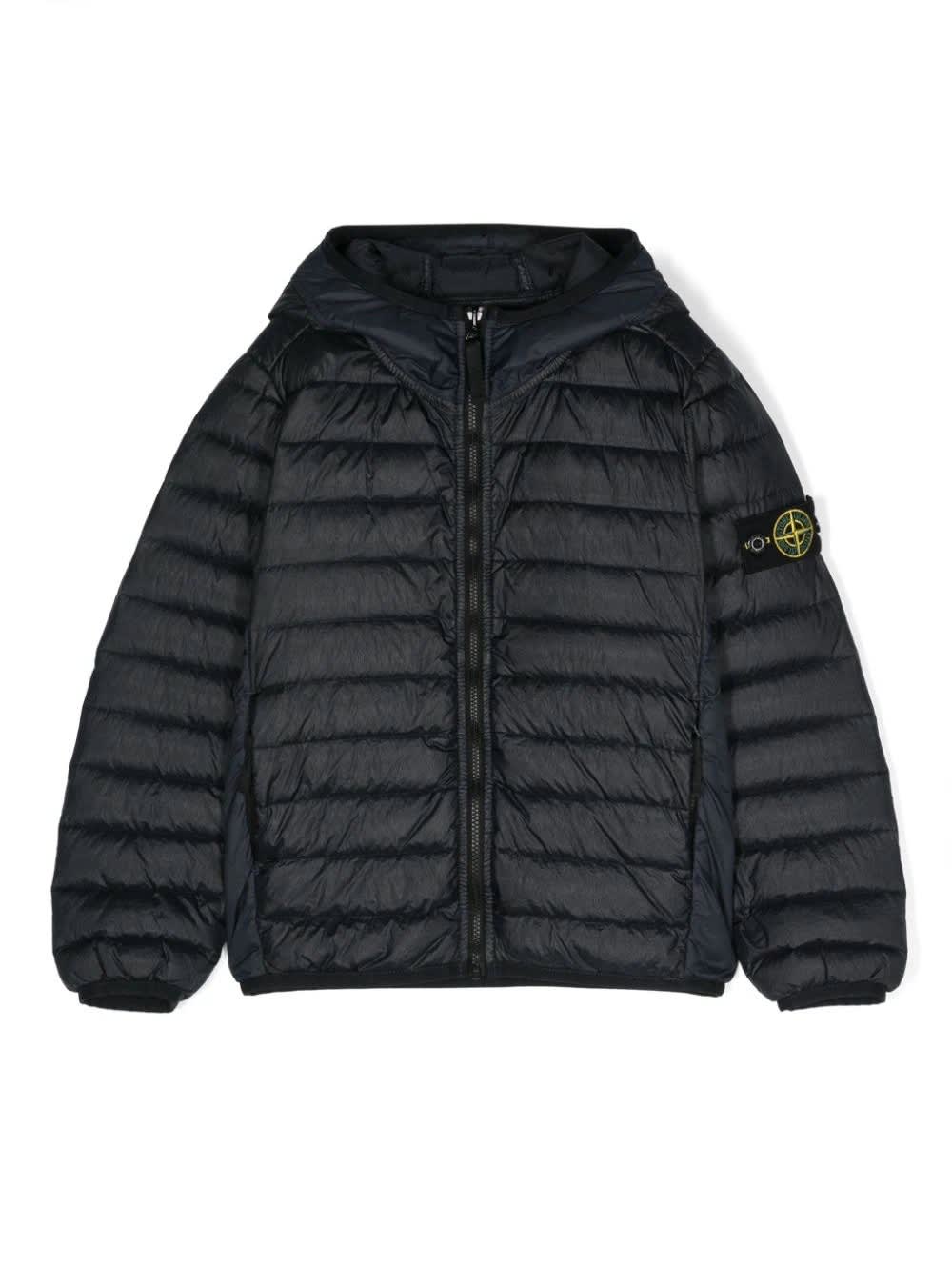 Stone Island Junior Kids' Navy Blue Hooded Down Jacket With Logo