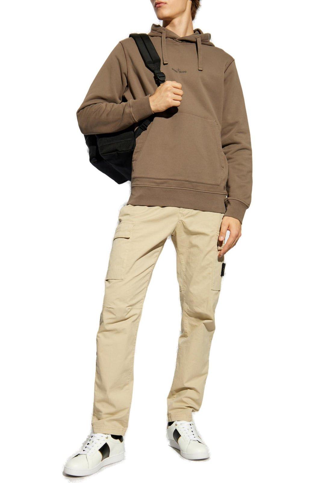 Stone Island Logo Printed Drawstring Hoodie In Walnut