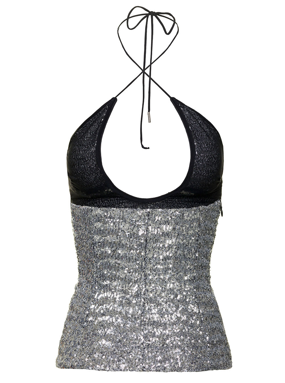Shop Attico Alyx Silver-colored Top With Criss Cross Neckline And All-over Paillettes In Tech Fabric Woman In Metallic