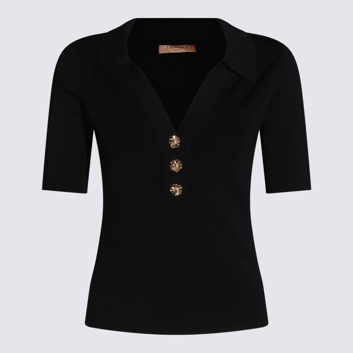 Twinset Fitted Black Short-sleeve Top With Classic Collar In Black