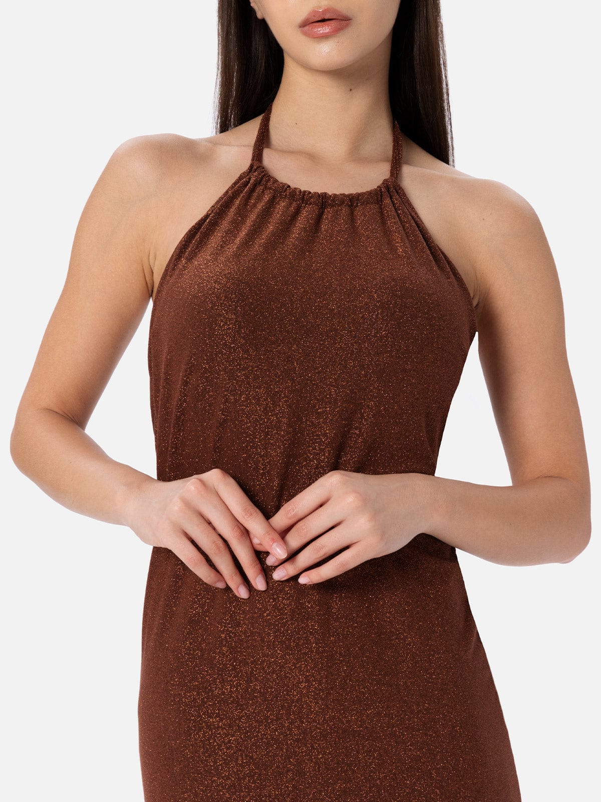 Mc2 Saint Barth Lurex Brown Knitted Long Dress In Brown