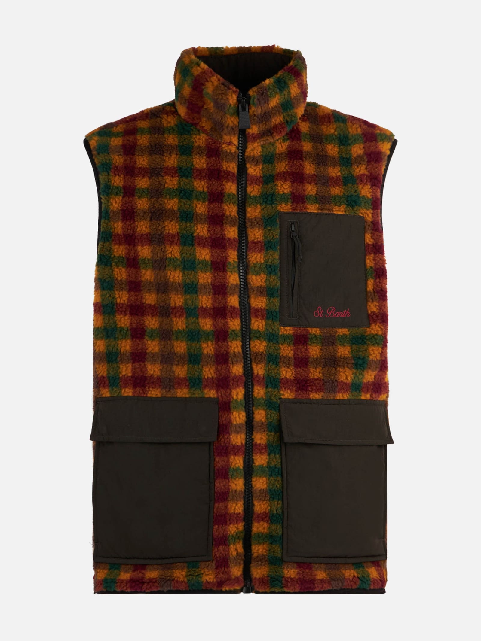 MC2 SAINT BARTH MAN CHECK SHERPA VEST JACKET WITH PATCH POCKETS