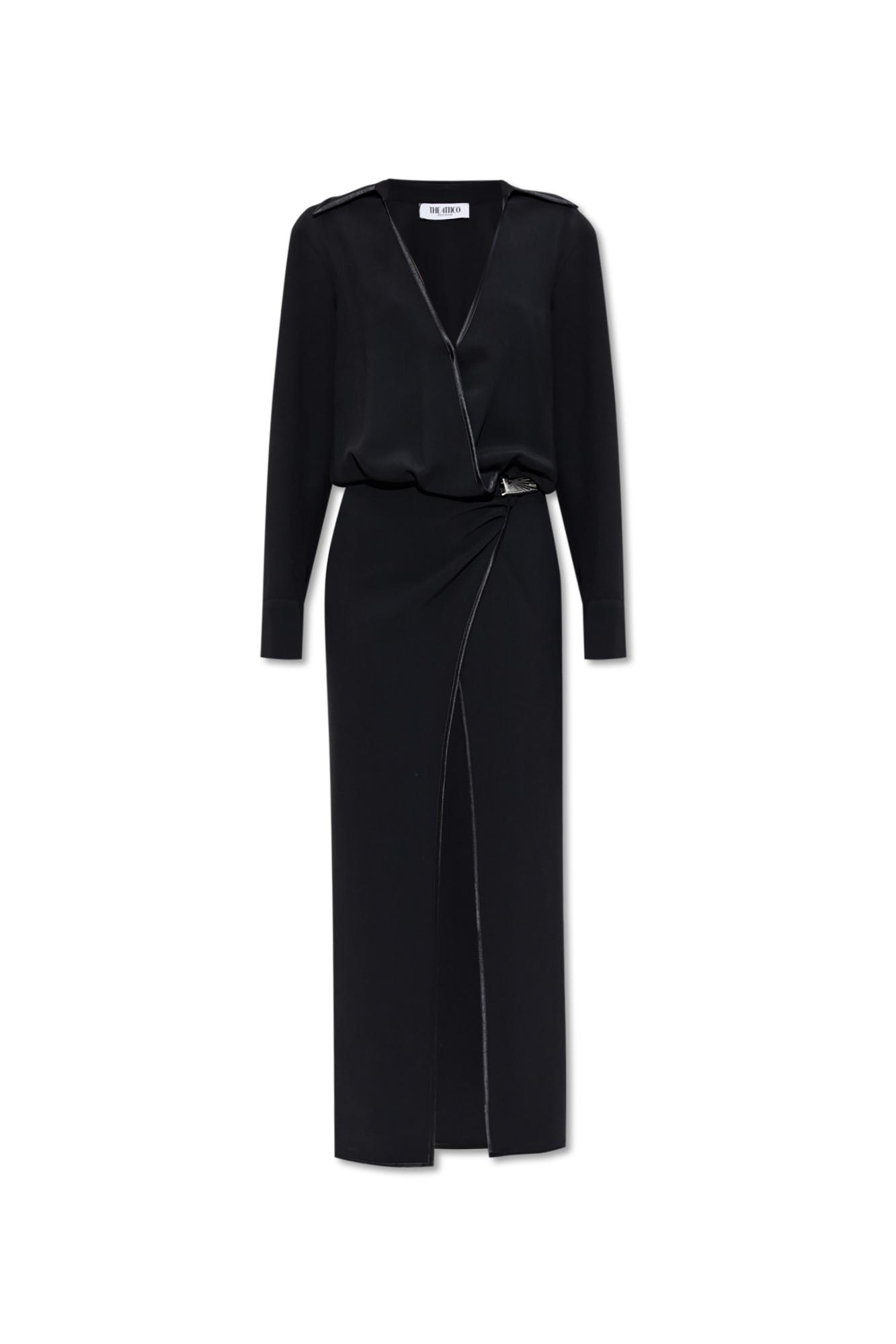 Attico V-neck Slit Midi Dress With Satin Piping In Black