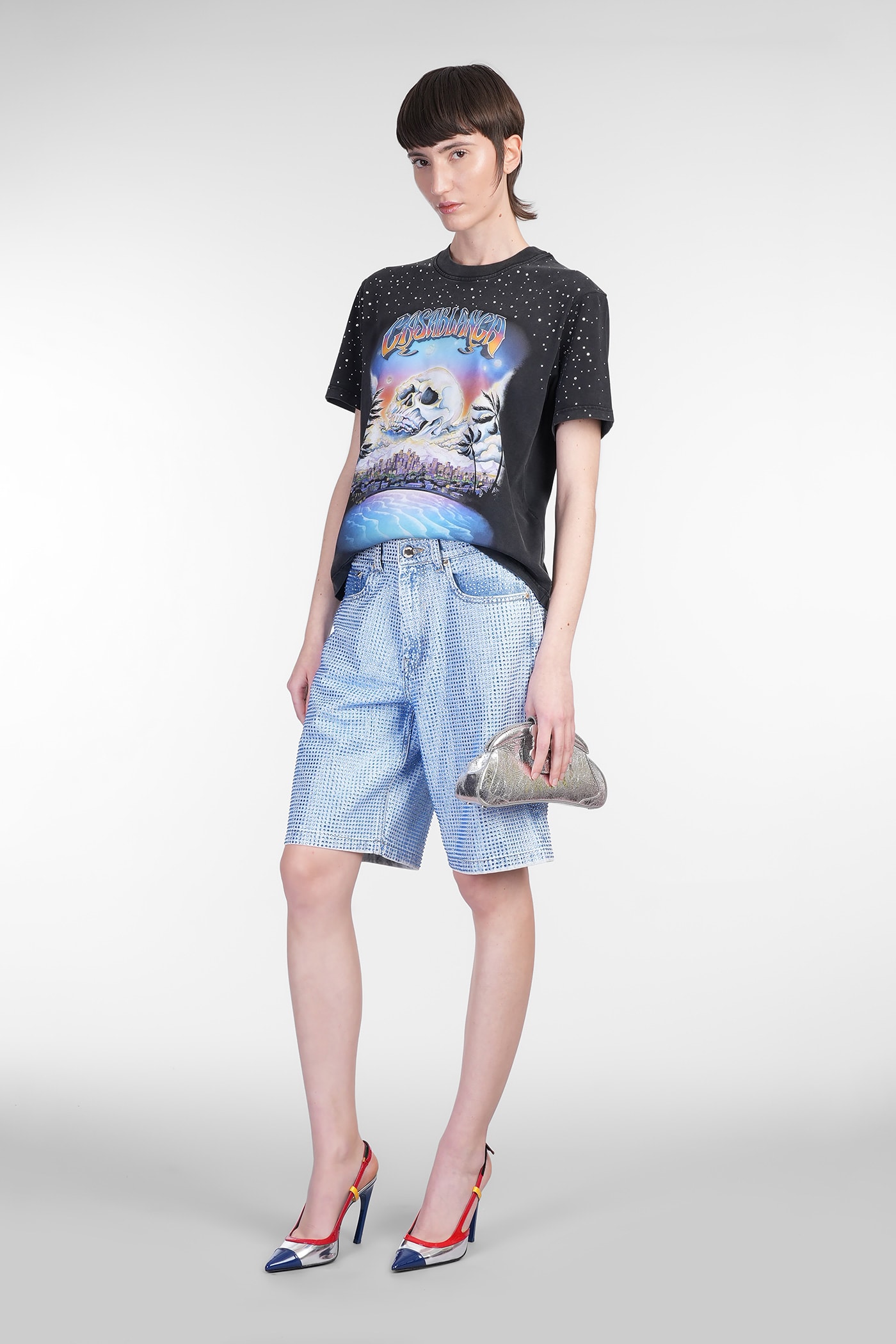 Casablanca Blue Crystal Embellished Denim Shorts In Blue